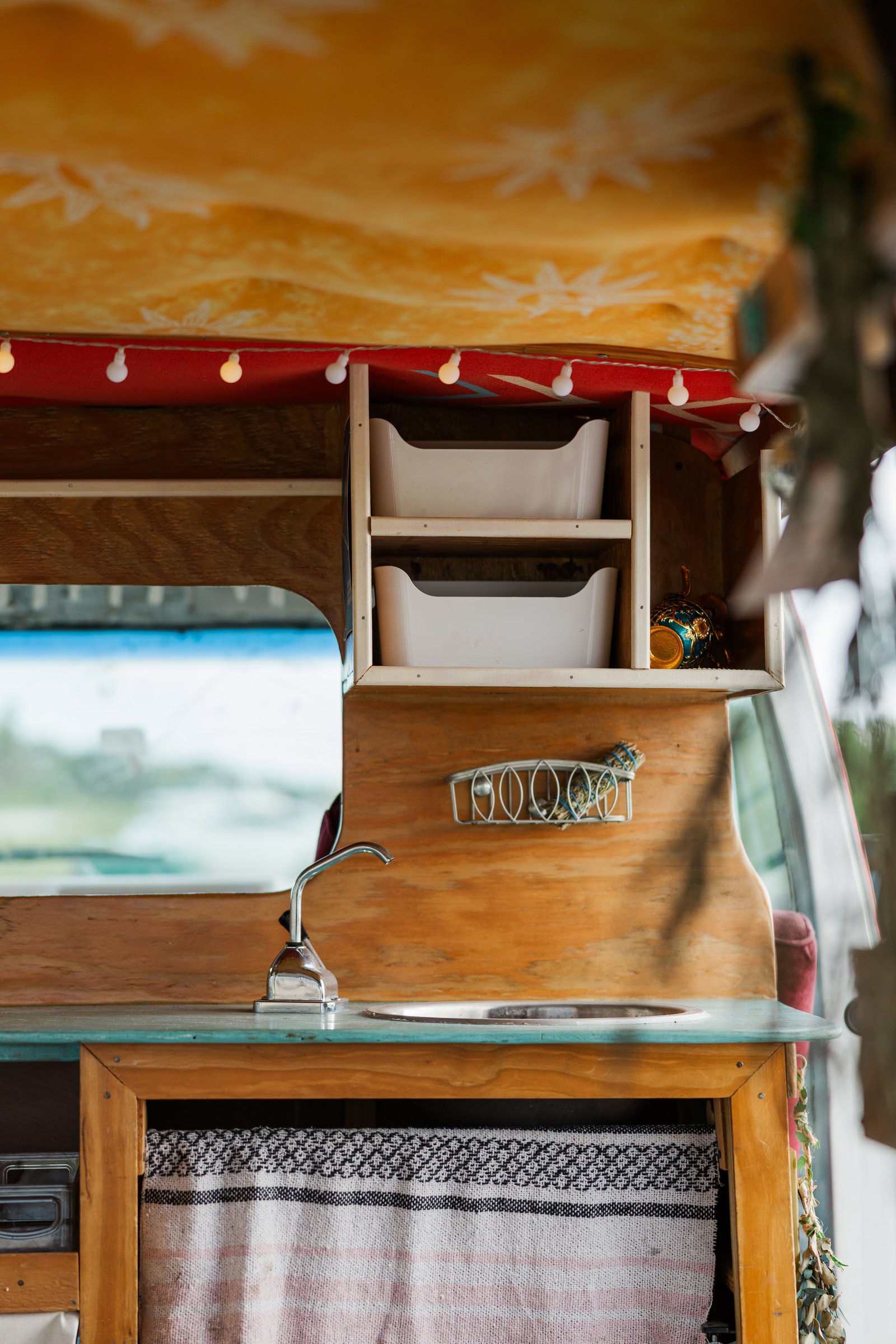 pallet wood galley kitchen inside a florida van life co camper